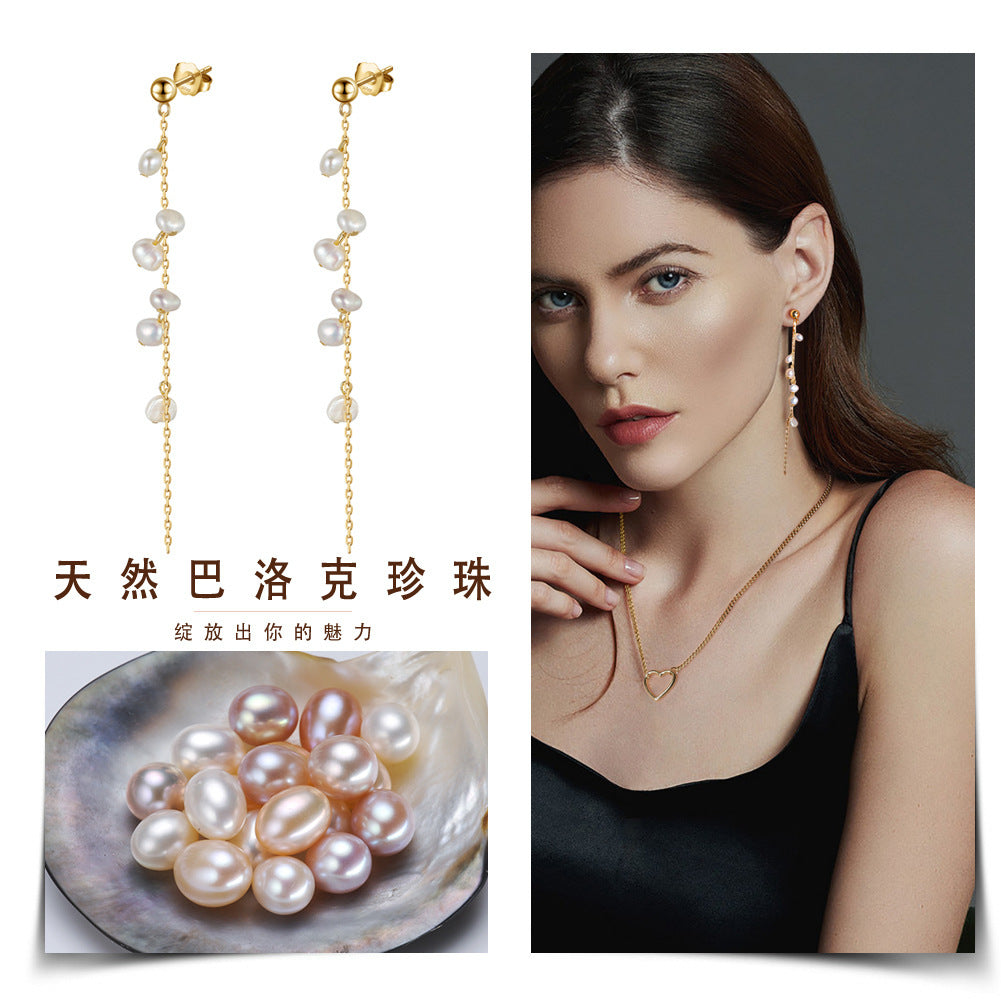 String Beads Pearl Gold Plated Sterling Silver Drop Earrings