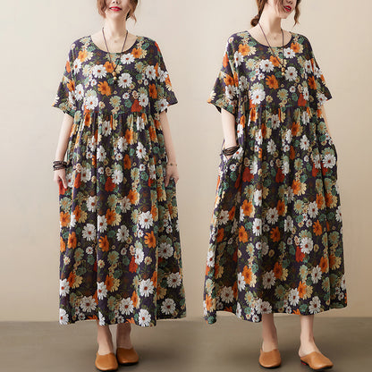Vintage Flowers Design Summer Short Sleeves Long Cozy Dresses
