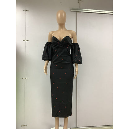 Sexy Strapless High Waist Puff Sleeves Strawberry Dresses