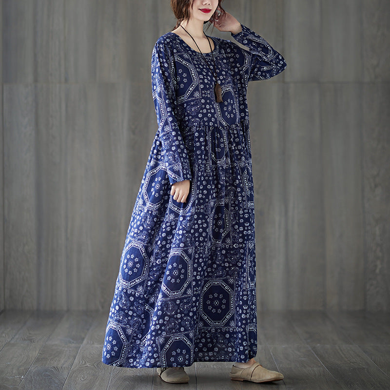 Vintage Plus Sizes Long Sleeves Blue Fall Dresses