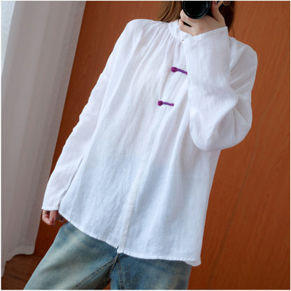 Vintage Linen White Long Sleeves Women Top Shirts