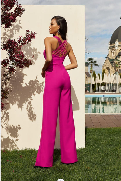 Sexy Shoulder Straps Rose Red Wide Legs Jumpsuits