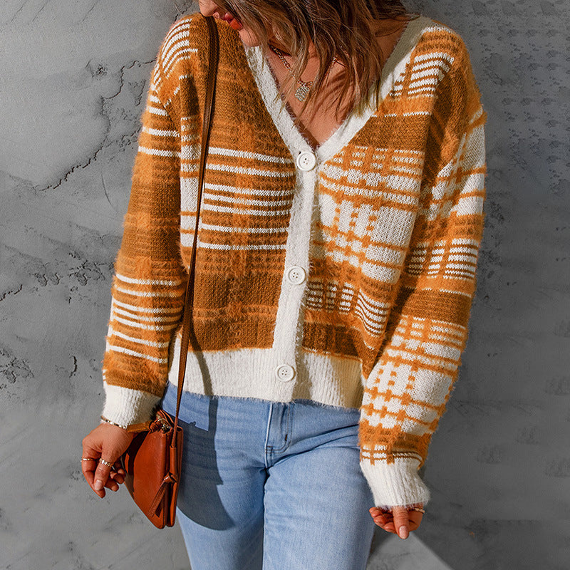 Orange Women Knitting Cardigan Sweaters