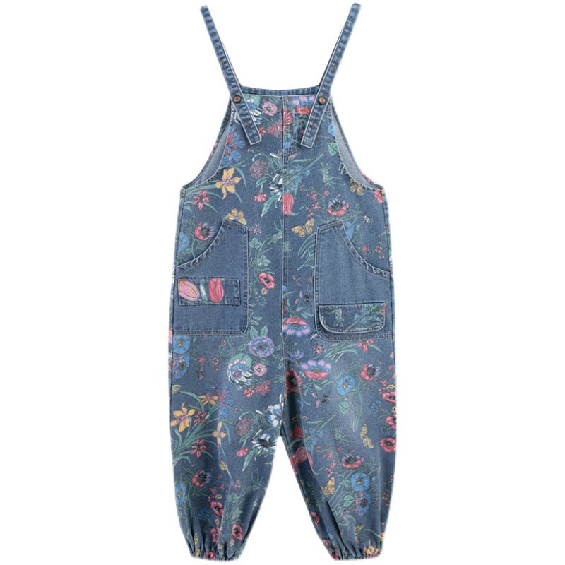 Casual Floral Print Women Denim Suspender Pants