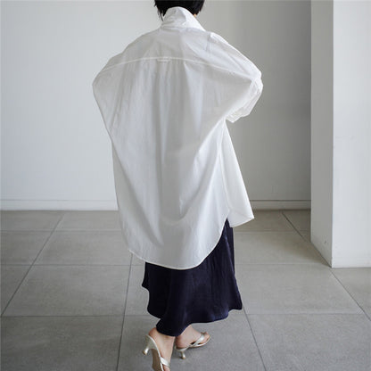 Casual Cotton White Midi Length Women Long Sleeves Shirts