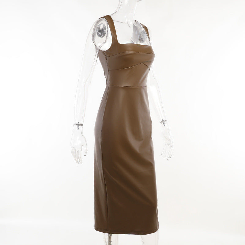 Sexy PU Leather Long Sleeveless Dresses