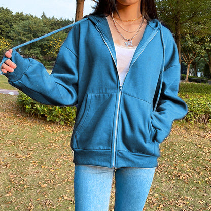 Casual Zipper Velvet Long Sleves Women Hoody Tops