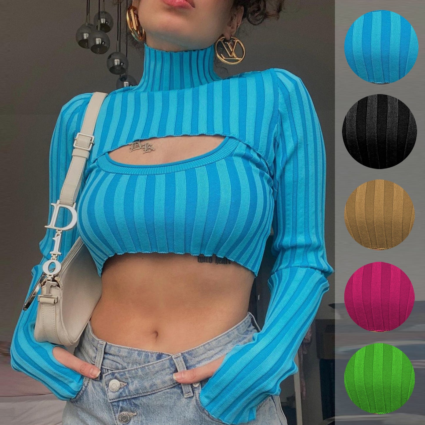 Sexy High Neck Knitting Women Short Tops Suits