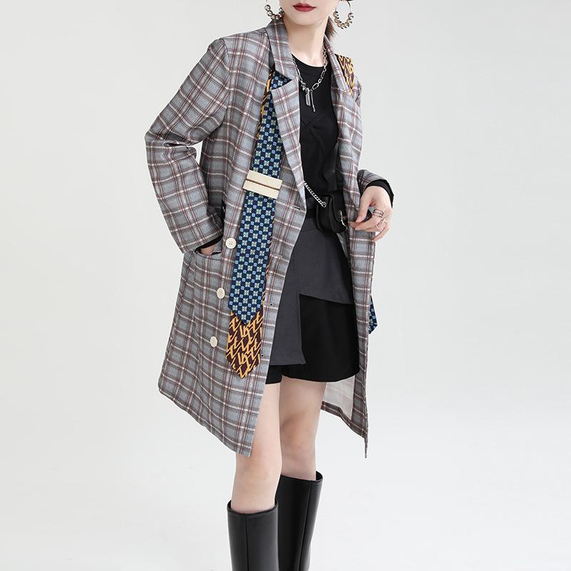 Women Double Breasted Fashion Necktie Blazer Coat
