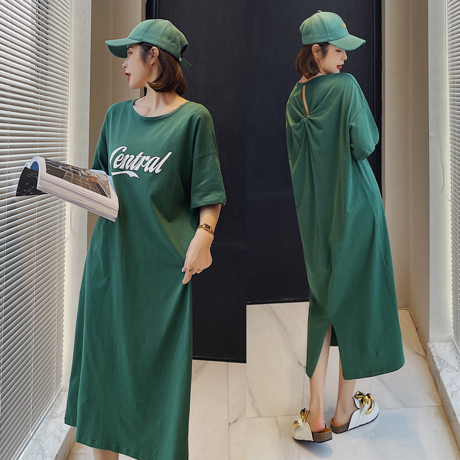 Summer Green Backless Short Sleeves Long T Shirts Dresses