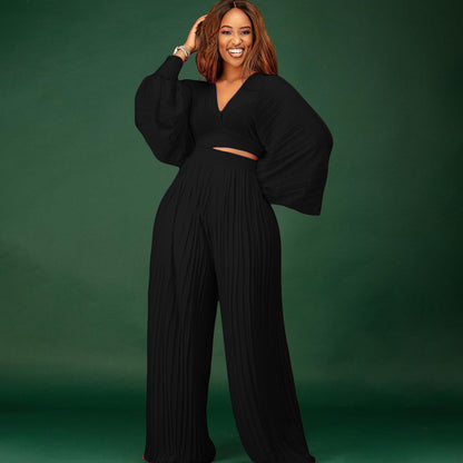Sexy Women Two Pieces Long Sleeves Short Tops and Wide Legs Pants