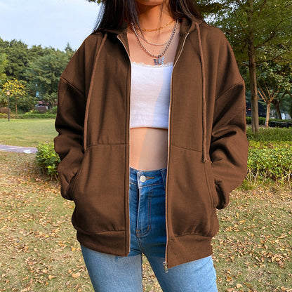 Casual Zipper Velvet Long Sleves Women Hoody Tops