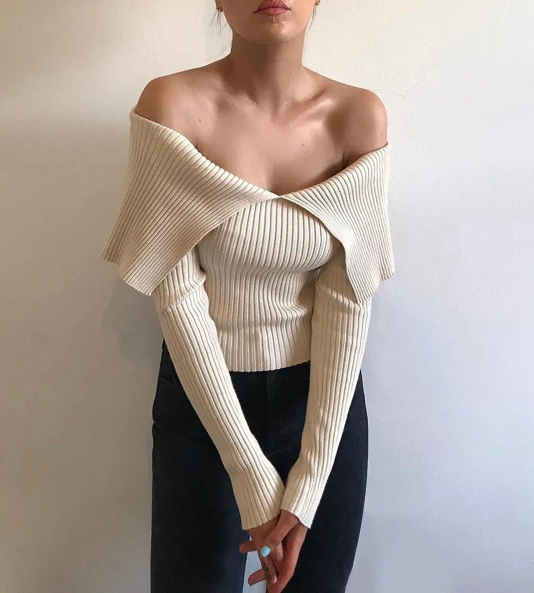 Sexy Off The Shoulder Knitting Long Sleeves Sweaters