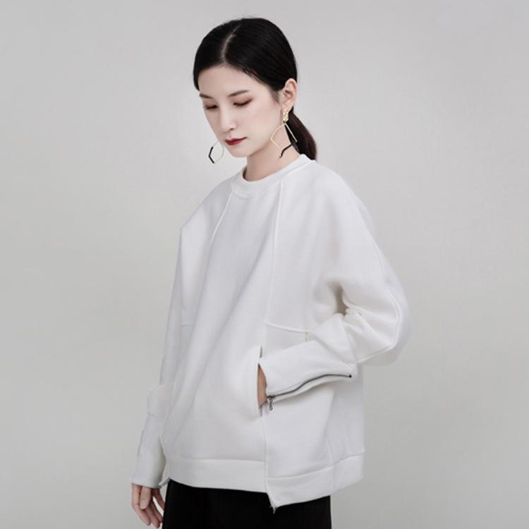 Women Round Neck Zipper Loose Hoodies Sweaters