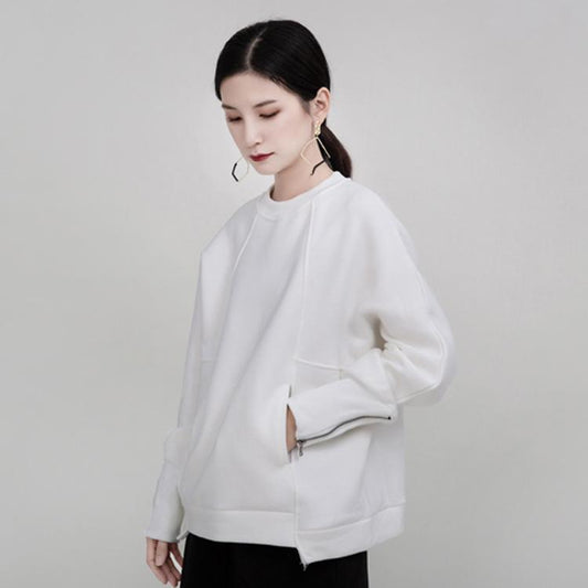 Women Round Neck Zipper Loose Hoodies Sweaters