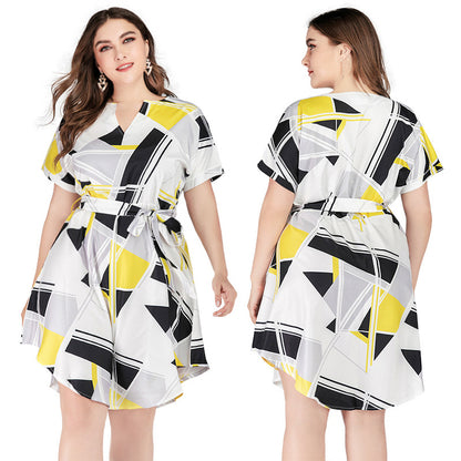 Summer Geometry Print Short Sleeves Plus Sizes Dresses