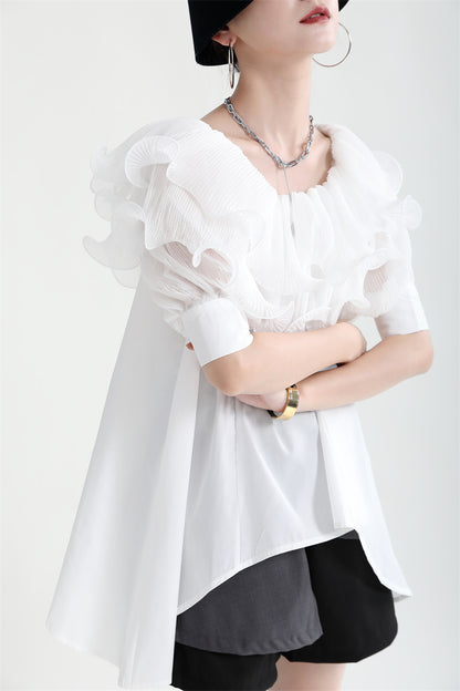 Summer Off The Shoulder Chiffon Ruffled Shirts with Belt for Girls