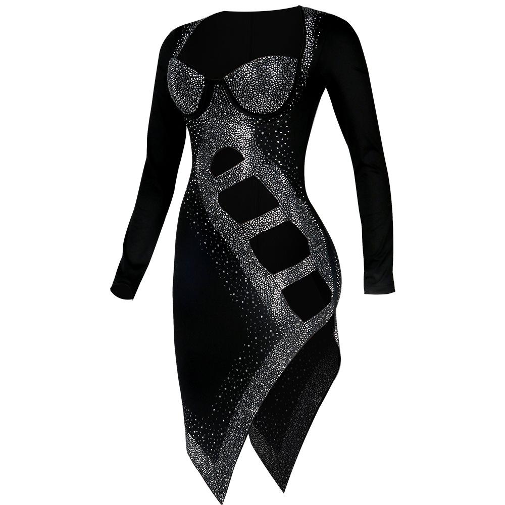Sexy Long Sleeves Diamond Night Club Dresses-STYLEGOING