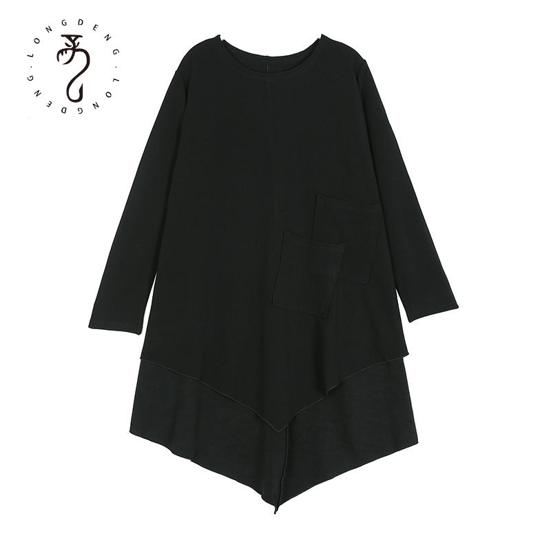 Black Round Neck Irregular Women Long Sleeves T Shirts