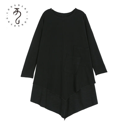 Black Round Neck Irregular Women Long Sleeves T Shirts