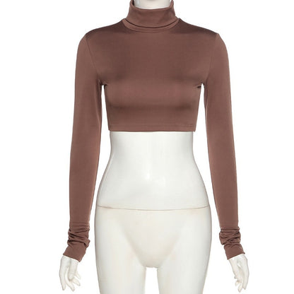 Sexy Long Sleeves High Neck Middriff Baring Women Tops