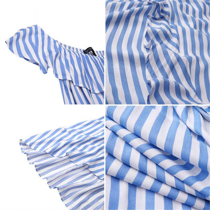 Off The Shoudler Striped Irregular Long Dresses-STYLEGOING