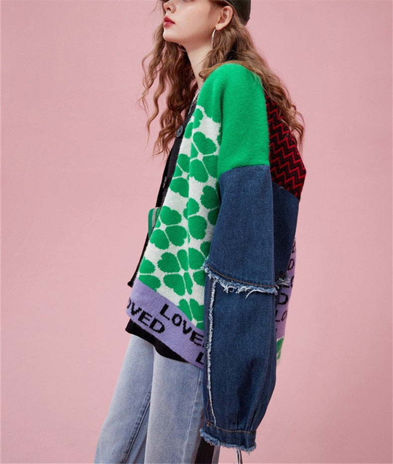 Contrast Colors Designed Women Knitting Sweater Cardigans