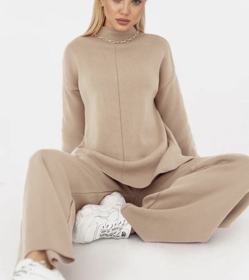 Winter Long Sleeves Knitted Tops and Wide Leg Pants