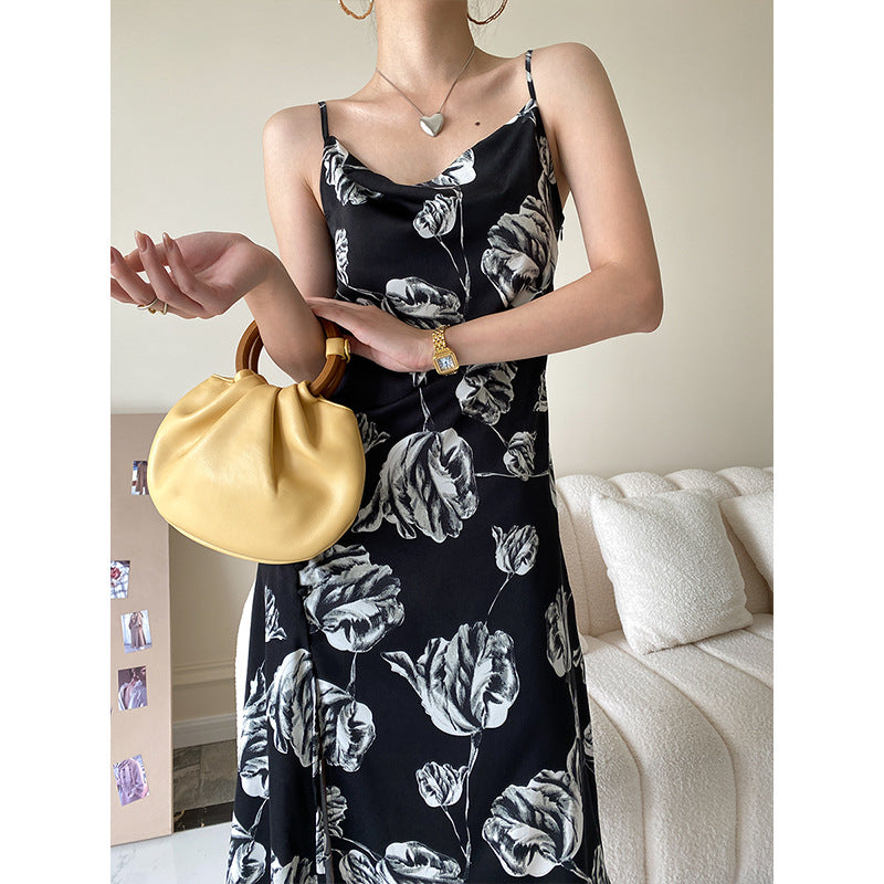 Vintage Floral Design Satin Summer Sleeveless Sun Dresses
