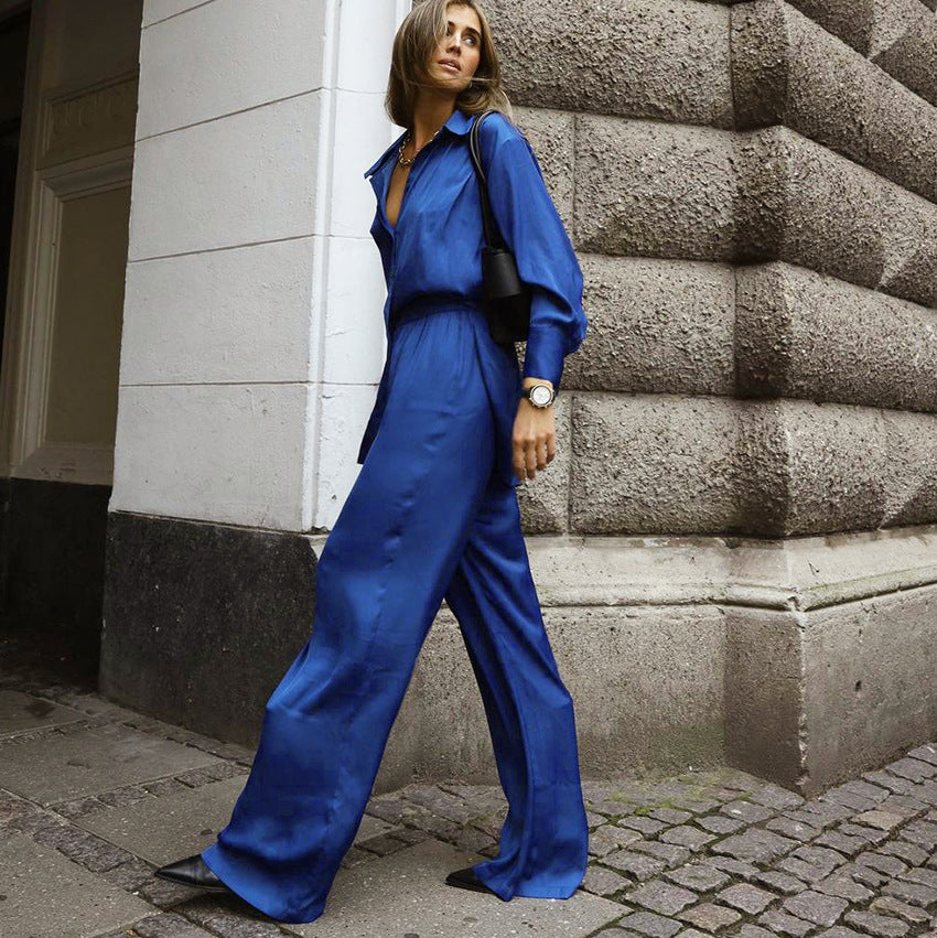Casual Blue Two Pieces Long Sleeves Shirts and Pants Suits
