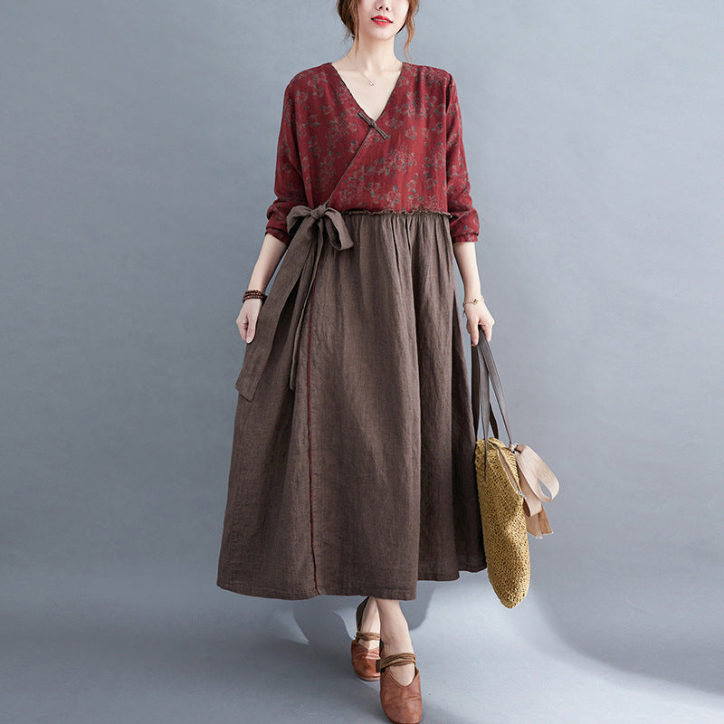 Vintage V Neck Flower Designed Slim Waist Long Maxi Dresses