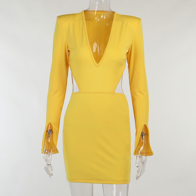 Women Sexy V Neck Midriff Long Sleeves Dresses