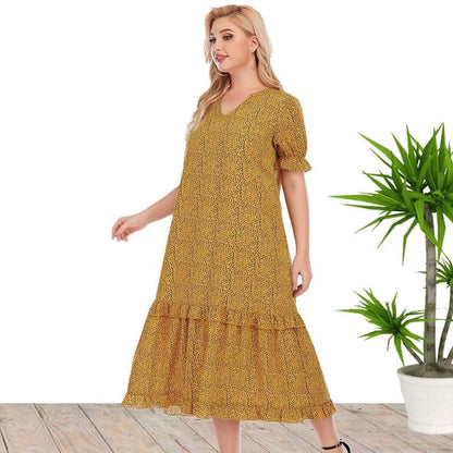 Summer Short Sleeves Loose Yellow Plus Size Dresses-STYLEGOING