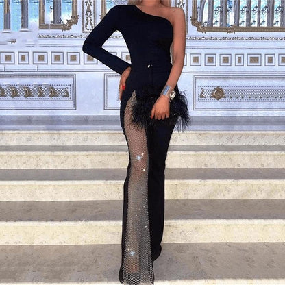 Sexy One Shoulder Tulle Diamond Jumpsuits for Women--Free Shipping at meselling99
