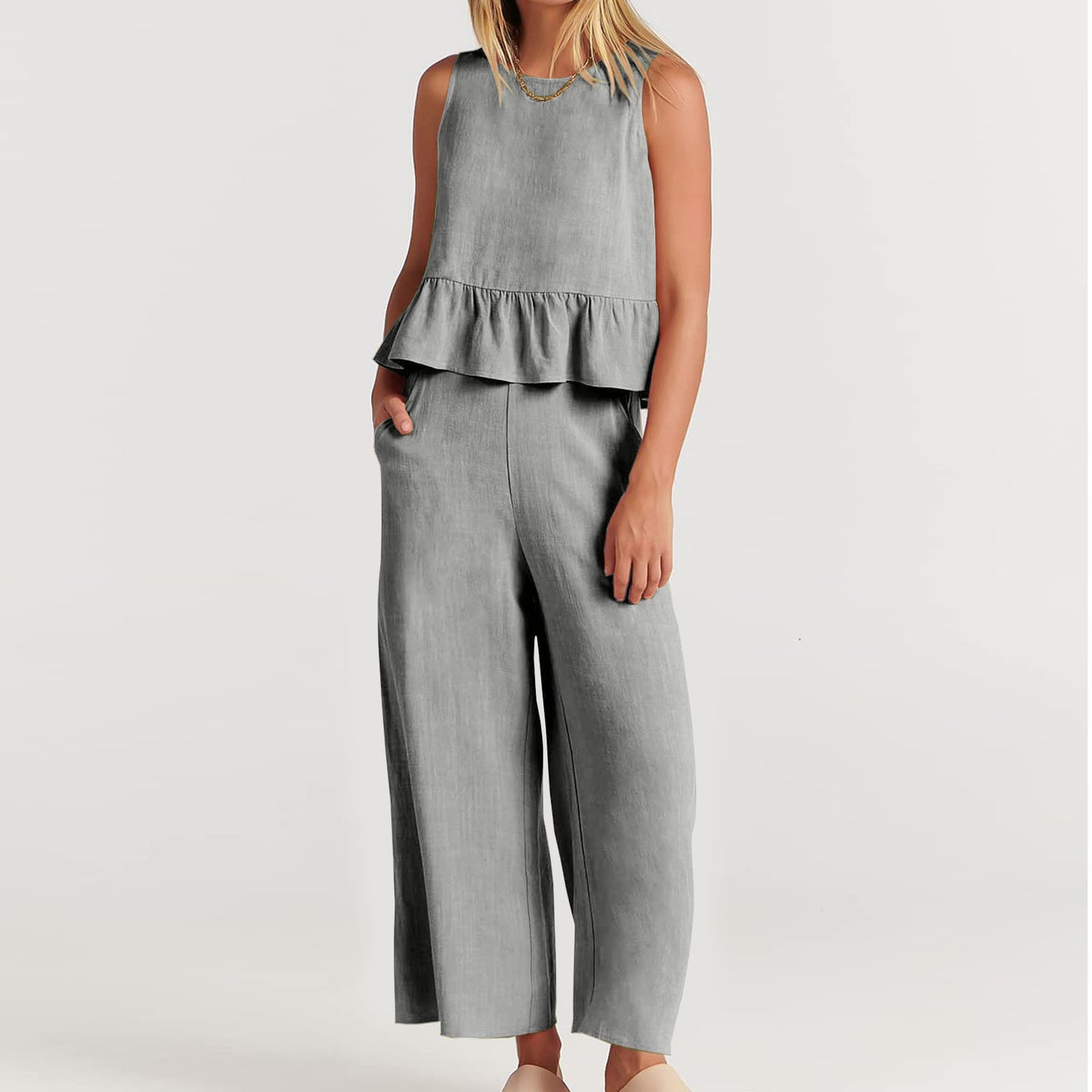 Summer Sleeveless Linen Two Pieces Women Suits