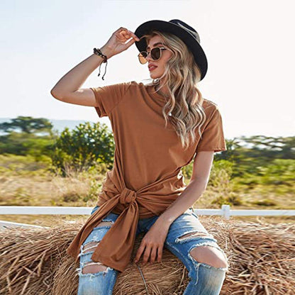 Women Summer Round Neck Bowknot T-Shirts-STYLEGOING
