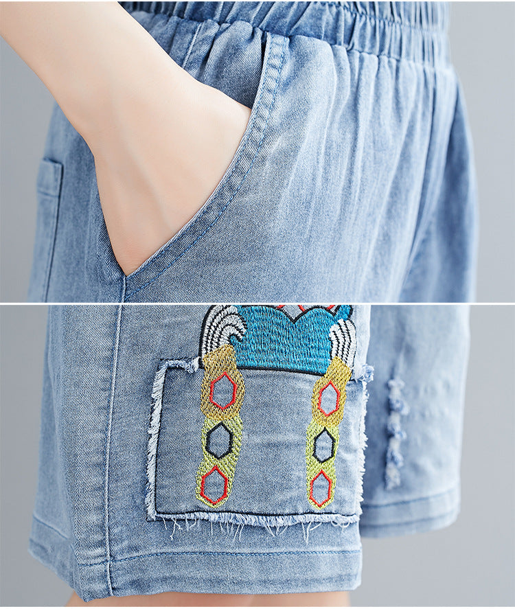 Summer Embroidery Plus Sizes Women Dnim Shorts