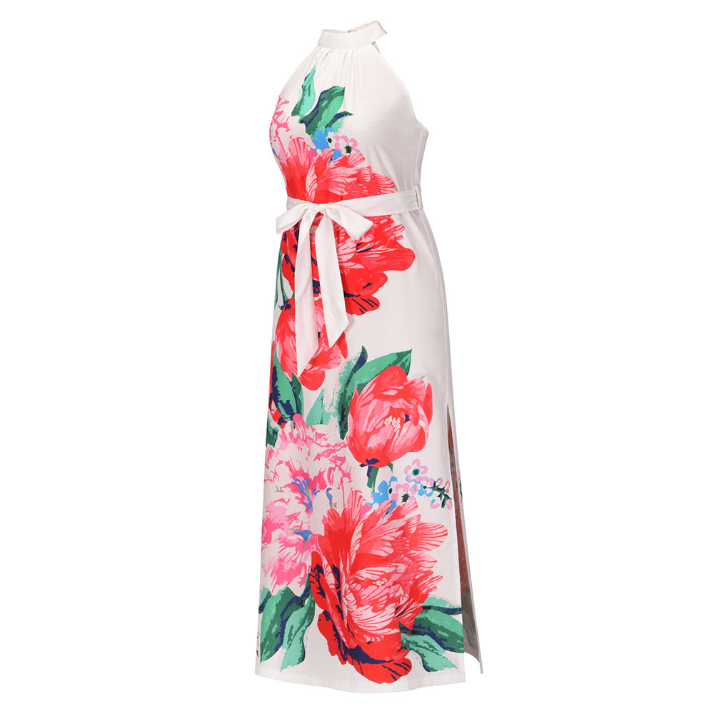 Summer Sleeveless Halter Rose Print Long Maxi Dresses