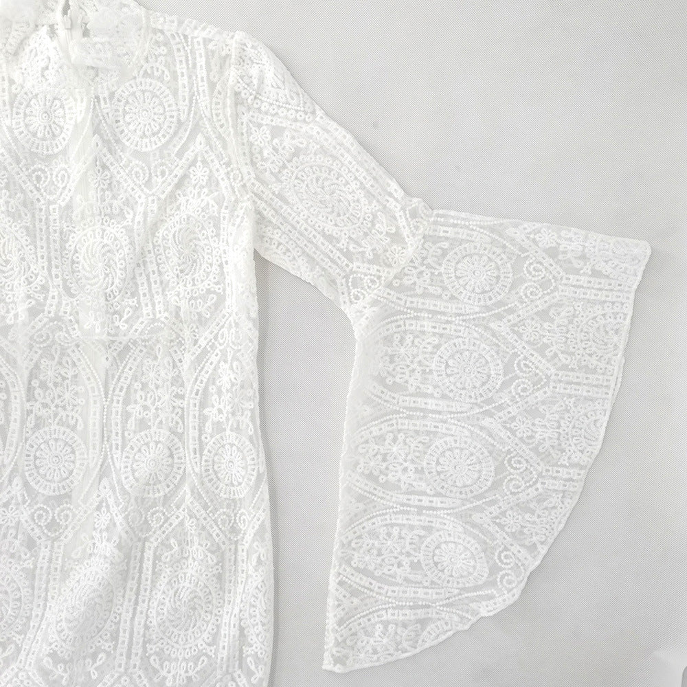 White Lace Trumpet Sleeves Women Party Dresses