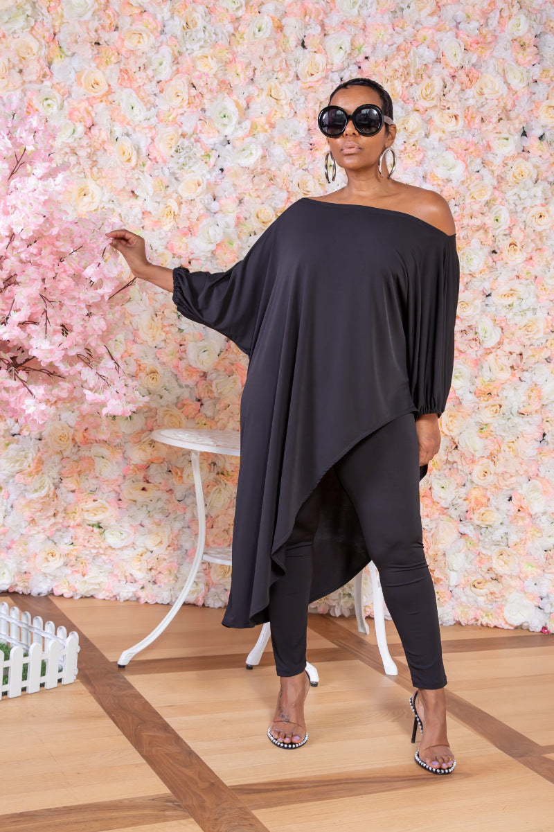 One Shoulder Irregular Bat Sleeves Tops&pants Suits