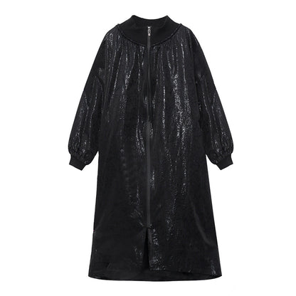 Designed Stand Collar Black Lighted Long Outerwear