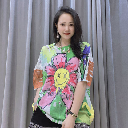Summer Pullover Diamond Short Sleeves Knitting T Shirts