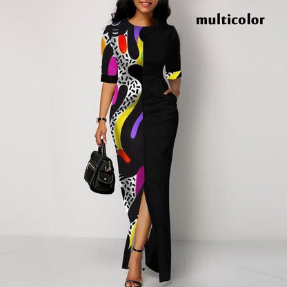 Women Round Neck Split Joint Long Dresses-STYLEGOING