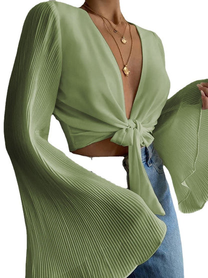 Long Sleeves Bare Midriff Summer Blouses-STYLEGOING