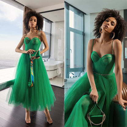 Green Tulle Shoulder Straps Party Dresses