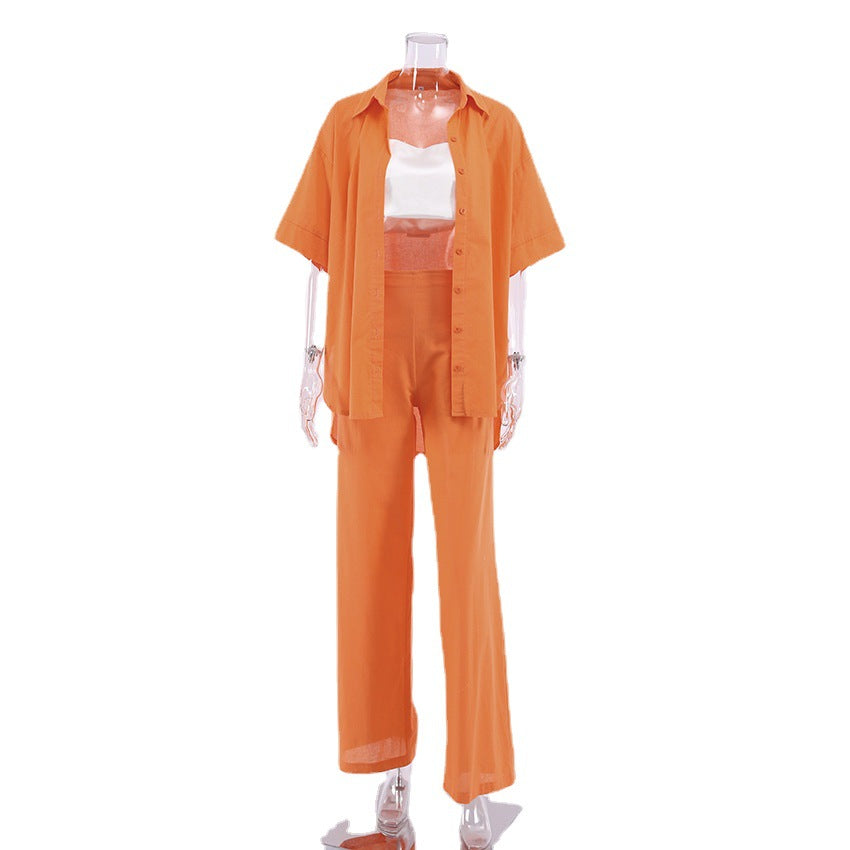 Summer Short Sleeves Orange Shirts and Wide Leg Pants Two Pieces Suits