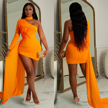 Sexy Feather Design One Shoulder Evening Party Dresses