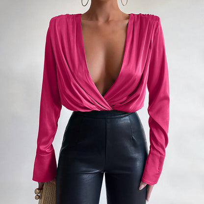 Sexy Deep V Neck Long Sleeves Shirts Jumpsuits