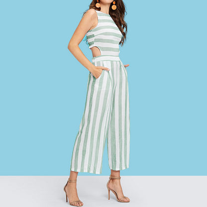 Designed Round Neck Baring Waist Striped Women Jumpsuits