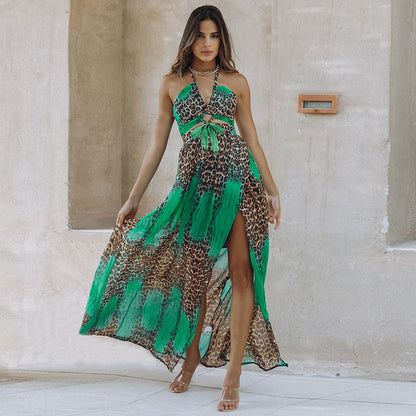 Sexy Leopard Backless Chiffon Boho Dresses